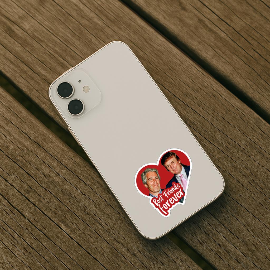 a sticker or magnet that says best friends forever and features a photo of trump and epstein encased in a red heart on the back of an iphone