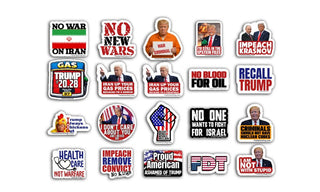 Anti Trump sticker pack with multiple political protest designs including no war Iran message gas price criticism impeach recall slogans vinyl decal set for activism