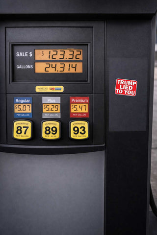 Close-up of a black gas pump display showing sale and gallon amounts, with yellow fuel buttons labeled 87, 89, and 93, plus a red sticker that reads 'TRUMP LIE TO YOU'.