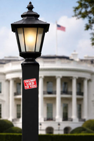 A black outdoor street lamp post with a glowing light in the lantern, featuring a red and white sticker that reads 'TRUMP LIE TO YOU!'. The background shows a blurred White House building under a blue sky with an American flag.