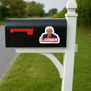 A black mailbox mounted on a white post outdoors, with a red flag and a die-cut sticker on the front showing a portrait and the word "LOSER" in white and red. The background shows grass, trees, and a road.