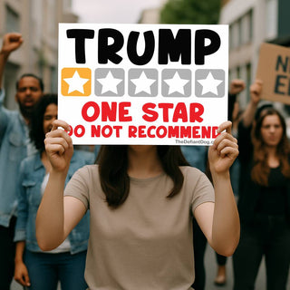 Protester holding Trump One Star Do Not Recommend sign at a political demonstration, showing a humorous anti-Trump rating and bold red lettering.