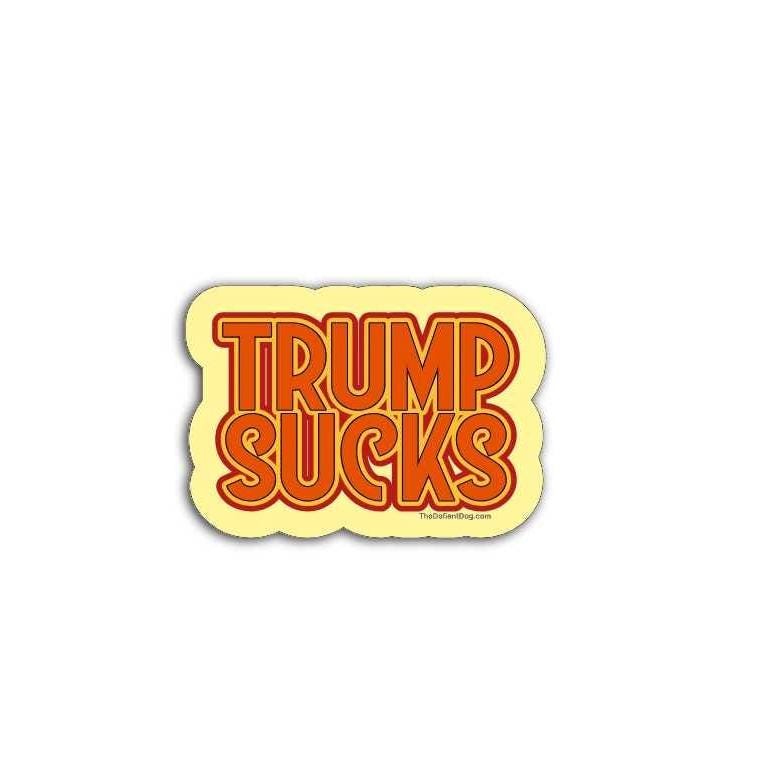 Sticker with 'TRUMP SUCKS' text on a yellow background