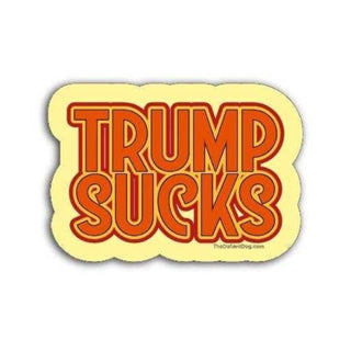Sticker with 'TRUMP SUCKS' text on a yellow background