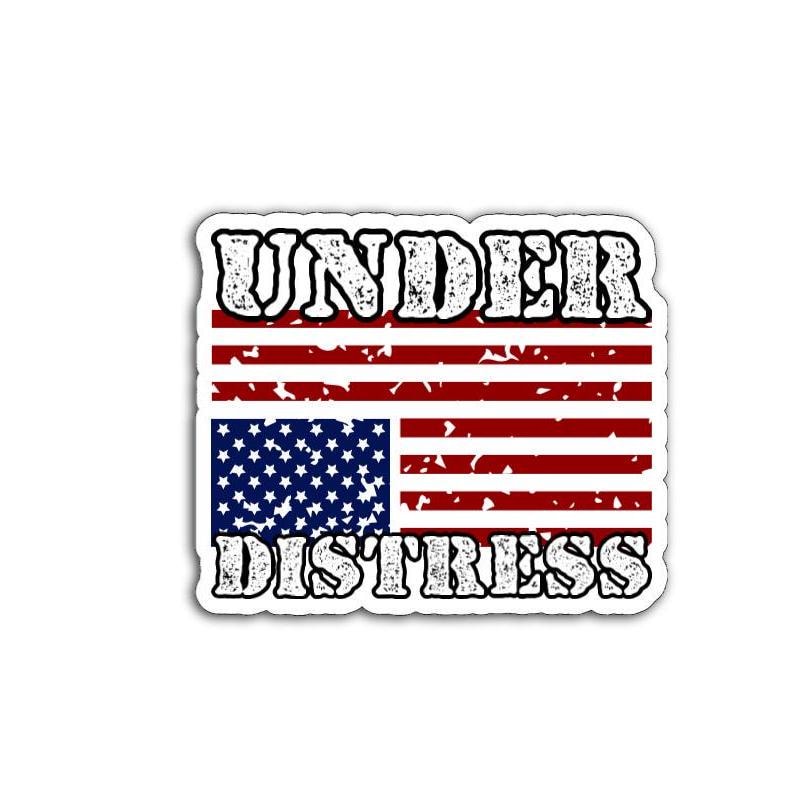 Under Distress magnet featuring an upside-down American flag on the back of a car, symbolizing a nation in crisis