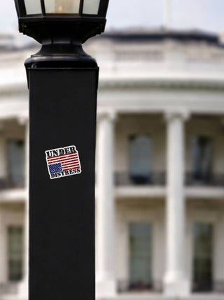 A black metal lamp post in the foreground with an "UNDER DISTRESS" decal applied to the side. In the background, the White House is visible but out of focus.