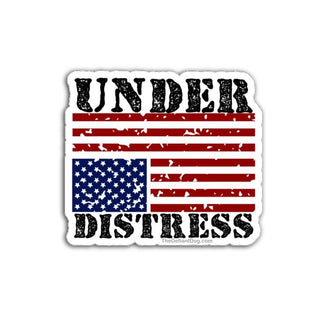 A graphic illustration of a square vinyl decal. It features an upside-down United States flag in a distressed, weathered style with the word "UNDER" in bold black block letters above it and "DISTRESS" below it. A soft drop shadow is behind the decal against a plain white background.