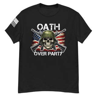Oath Over Party patriotic veteran t shirt with skull helmet crossed rifles distressed American flag design and reverse sleeve flag anti Trump constitution military shirt