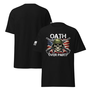 Oath Over Party patriotic veteran t shirt with skull helmet crossed rifles distressed American flag design and reverse sleeve flag anti Trump constitution military shirt