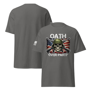 Oath Over Party patriotic veteran t shirt with skull helmet crossed rifles distressed American flag design and reverse sleeve flag anti Trump constitution military shirt