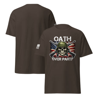 Oath Over Party patriotic veteran t shirt with skull helmet crossed rifles distressed American flag design and reverse sleeve flag anti Trump constitution military shirt