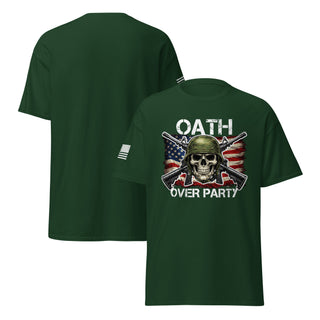 Oath Over Party patriotic veteran t shirt with skull helmet crossed rifles distressed American flag design and reverse sleeve flag anti Trump constitution military shirt