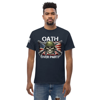 Oath Over Party patriotic veteran t shirt with skull helmet crossed rifles distressed American flag design and reverse sleeve flag anti Trump constitution military shirt
