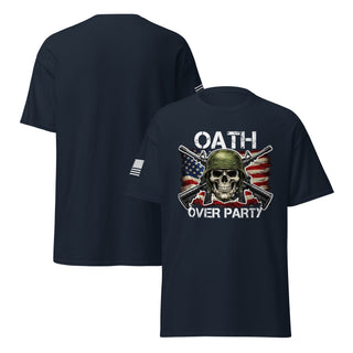Oath Over Party patriotic veteran t shirt with skull helmet crossed rifles distressed American flag design and reverse sleeve flag anti Trump constitution military shirt