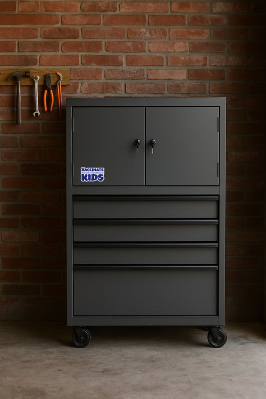 Vaccinate Your Kids' magnet or vinyl decal displayed on a black tool cabinet. A bold, high-quality political sticker perfect for cars, laptops, fridges, or toolboxes. Great for activists, protestors, or anyone fed up with fascism.