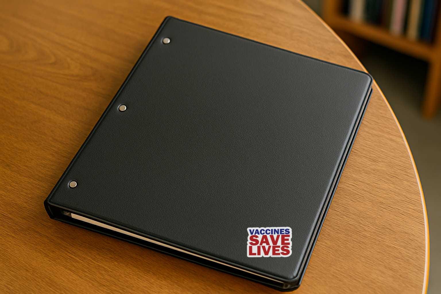 Black notebook with 'Vaccines Save Lives' sticker on a wooden surface