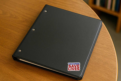 Black notebook with 'Vaccines Save Lives' sticker on a wooden surface