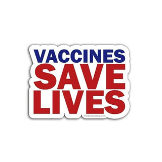 Sticker with 'VACCINES SAVE LIVES' text in blue and red on a white background