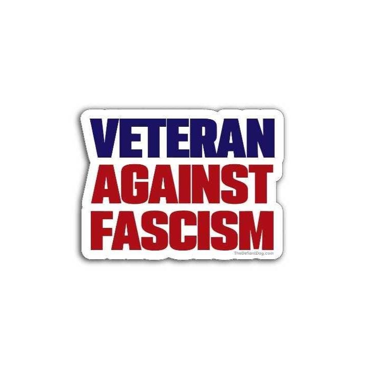 Sticker with 'Veteran Against Fascism' text on a white background