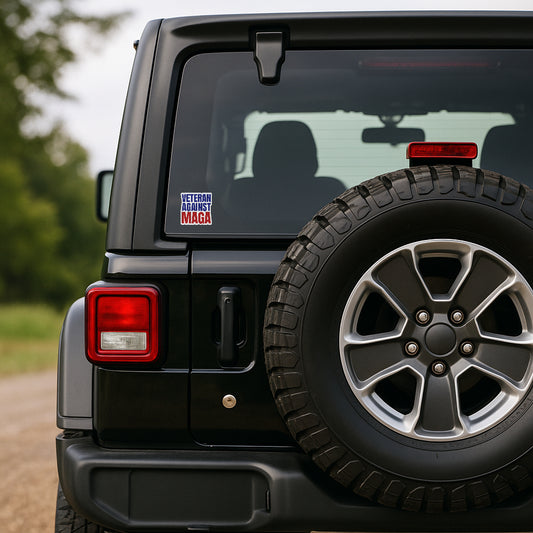 'Veteran Against MAGA' magnet or vinyl decal displayed on the back of a black Jeep. A bold, high-quality political sticker perfect for cars, laptops, fridges, or toolboxes. Great for activists, protestors, or anyone fed up with fascism.