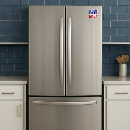 'Veteran Against MAGA' magnet or vinyl decal displayed on a stainless steel refrigerator. A bold, high-quality political sticker perfect for cars, laptops, fridges, or toolboxes. Great for activists, protestors, or anyone fed up with fascism.