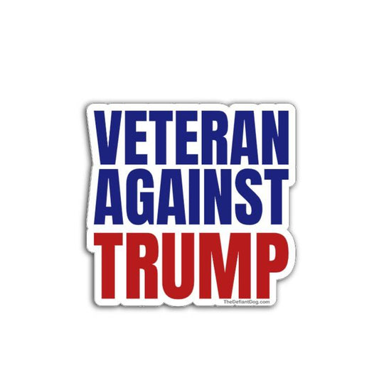 Veteran Against Trump political sticker in bold red and blue stacked block lettering on a white background.