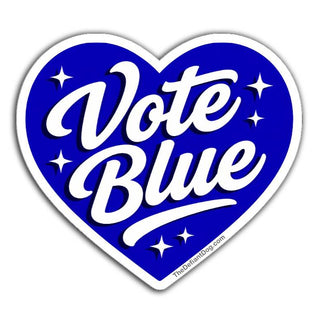 Heart-shaped sticker with 'Vote Blue' text on a white background