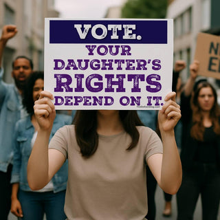 Person holding a Vote Your Daughter’s Rights Depend On It women’s rights protest sign at a demonstration.
