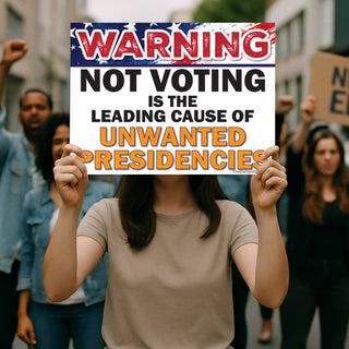 Protester holding a Not Voting Is the Leading Cause of Unwanted Presidencies sign at a political demonstration, featuring patriotic American flag graphics and bold voting awareness typography.