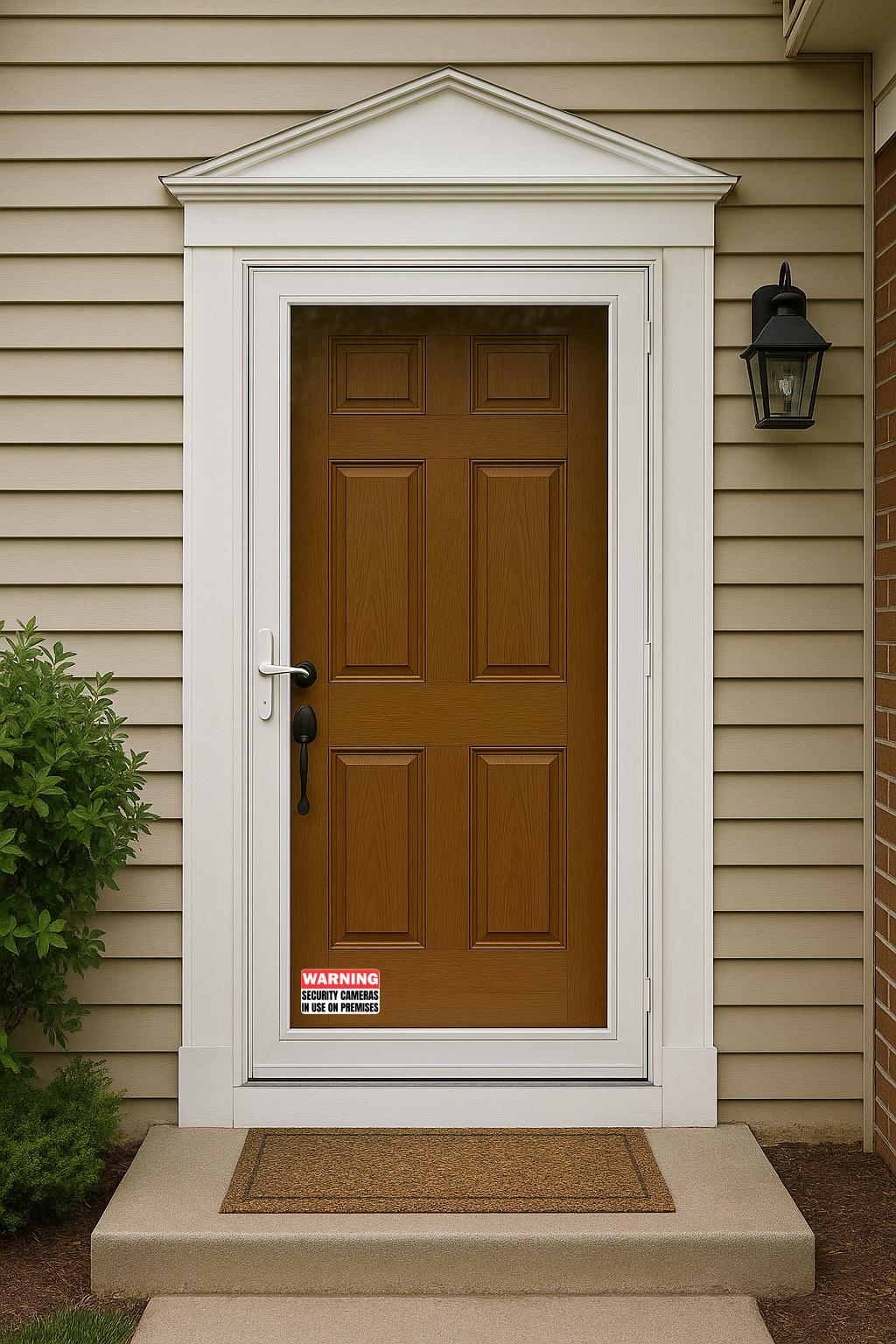 'Warning Security Cameras in Use' magnet or vinyl decal displayed with a slight shadow on front door of house