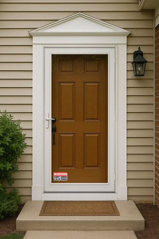 'Warning Security Cameras in Use' magnet or vinyl decal displayed with a slight shadow on front door of house
