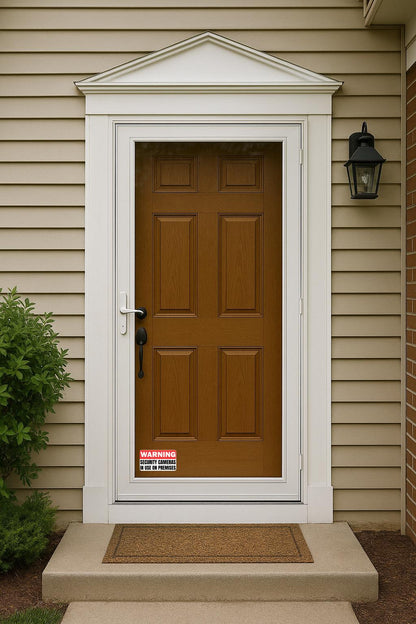 'Warning Security Cameras in Use' magnet or vinyl decal displayed with a slight shadow on front door of house