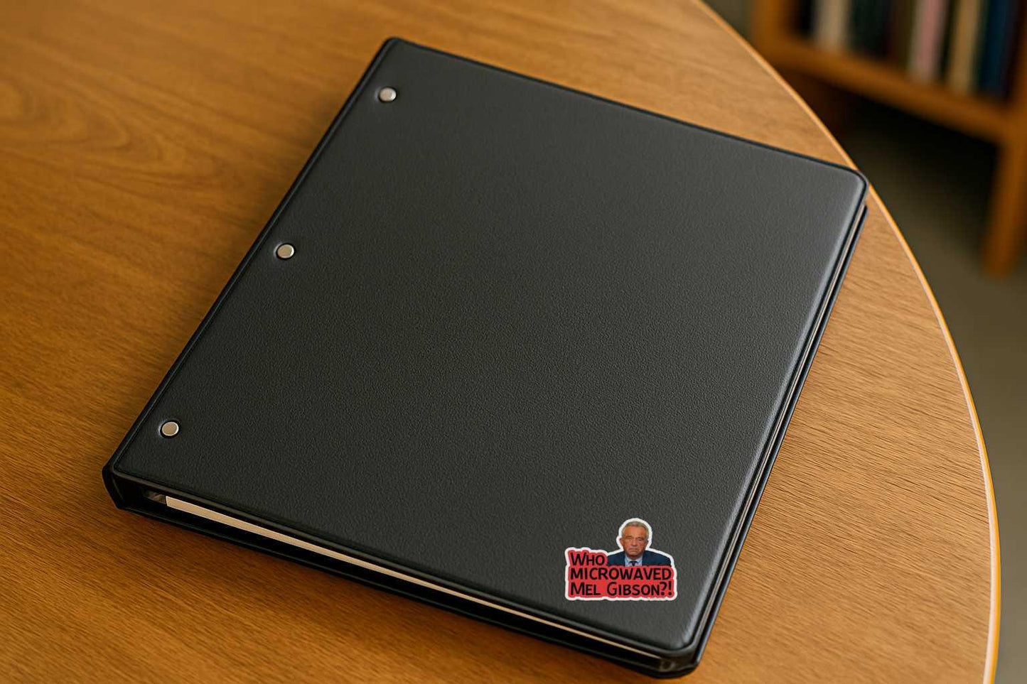 Black notebook with a sticker on a wooden surface