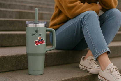 Person sitting on steps with a Stanley tumbler and a sticker, wearing a mustard sweater and blue jeans.