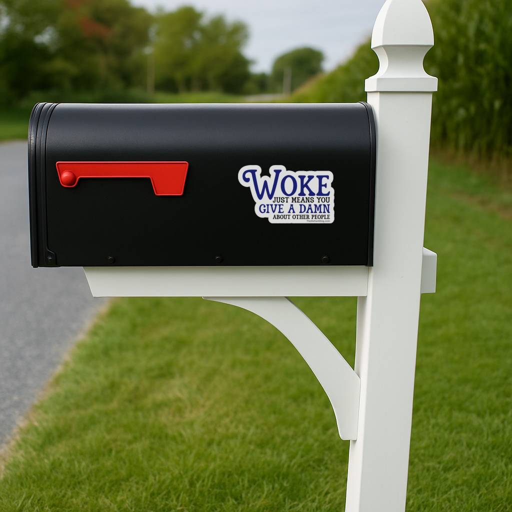 Green Stanley insulated tumbler featuring the Woke Just Means You Give a Damn About Other People vinyl decal. Waterproof political sticker shown in lifestyle outdoor setting.