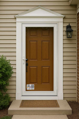 Front door mockup displaying a You Are Valued In This Home inclusive pride vinyl decal featuring LGBTQ rainbow heart, equality symbols, Black Lives Matter heart, and supportive ally messaging.