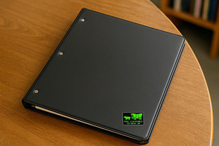 Black notebook with a sticker that looks like the Oregon Trail screen and says  you listened to RFK JR on a wooden surface