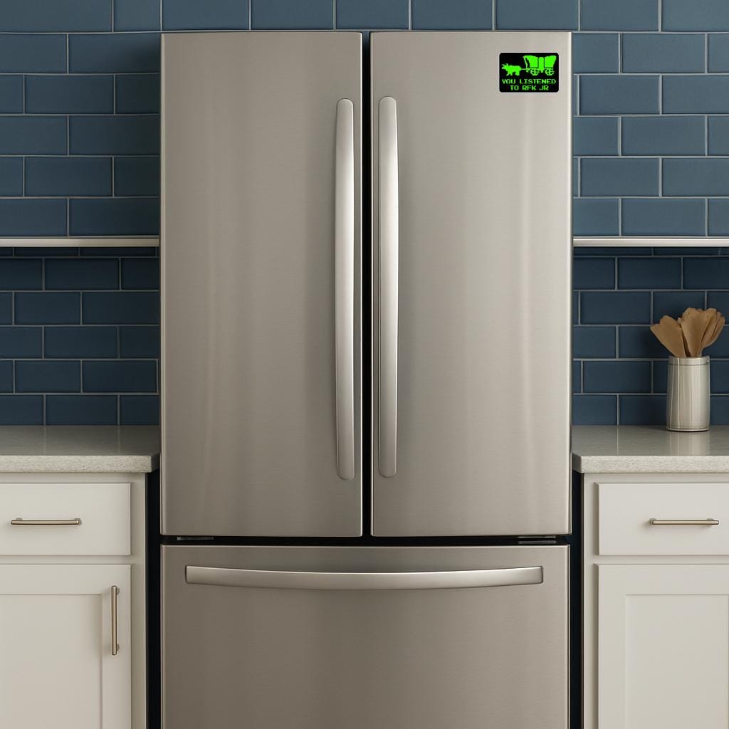 refrigerator with magnet that says you listened to RFK JR with the horse and carriage from oregon trail