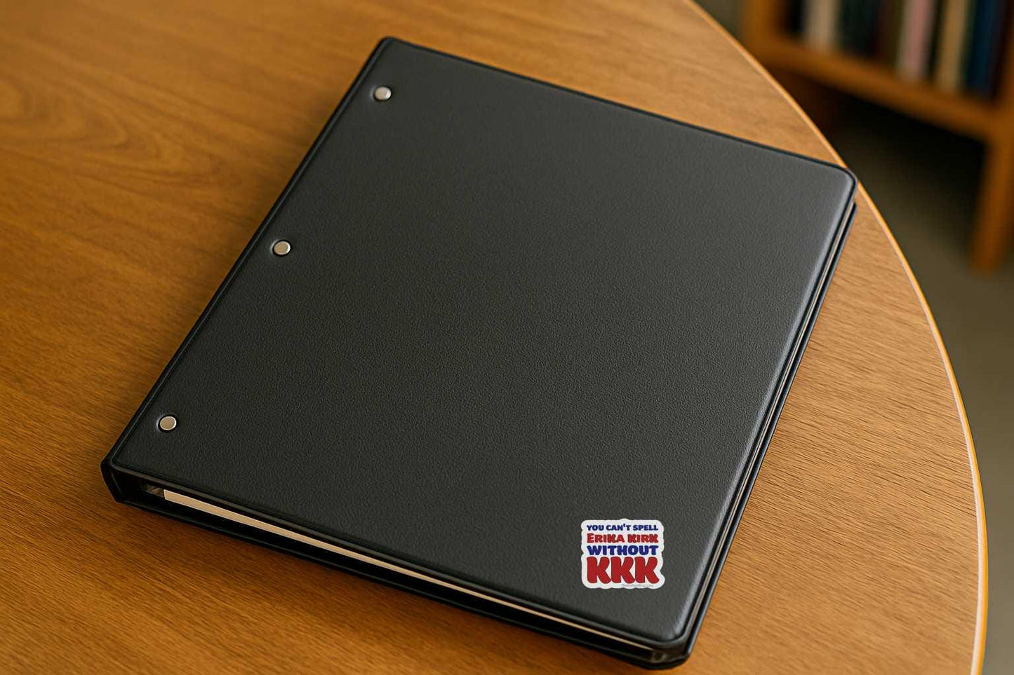 Black notebook with a sticker on a wooden surface